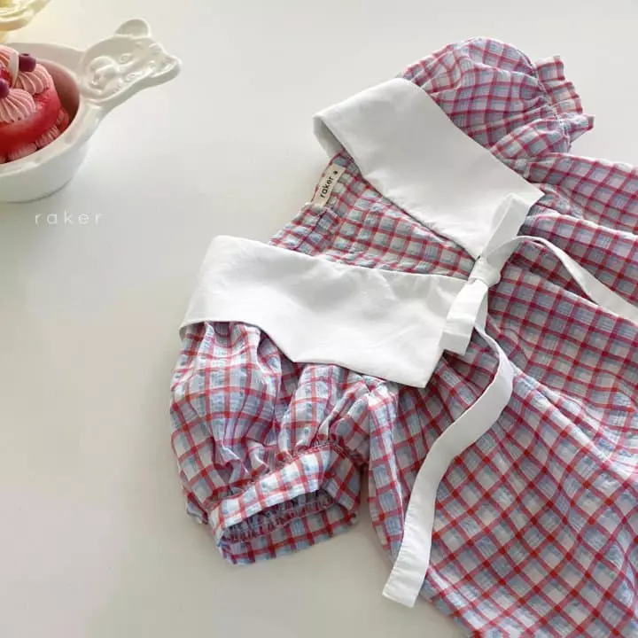 Raker - Korean Children Fashion - #kidsstore - Ribbon Collar One-piece Res Stripes Check - 2