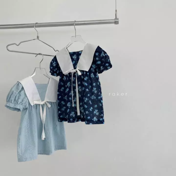 Raker - Korean Children Fashion - #kidsstore - Ribbon Collar One-piece Sky - 4