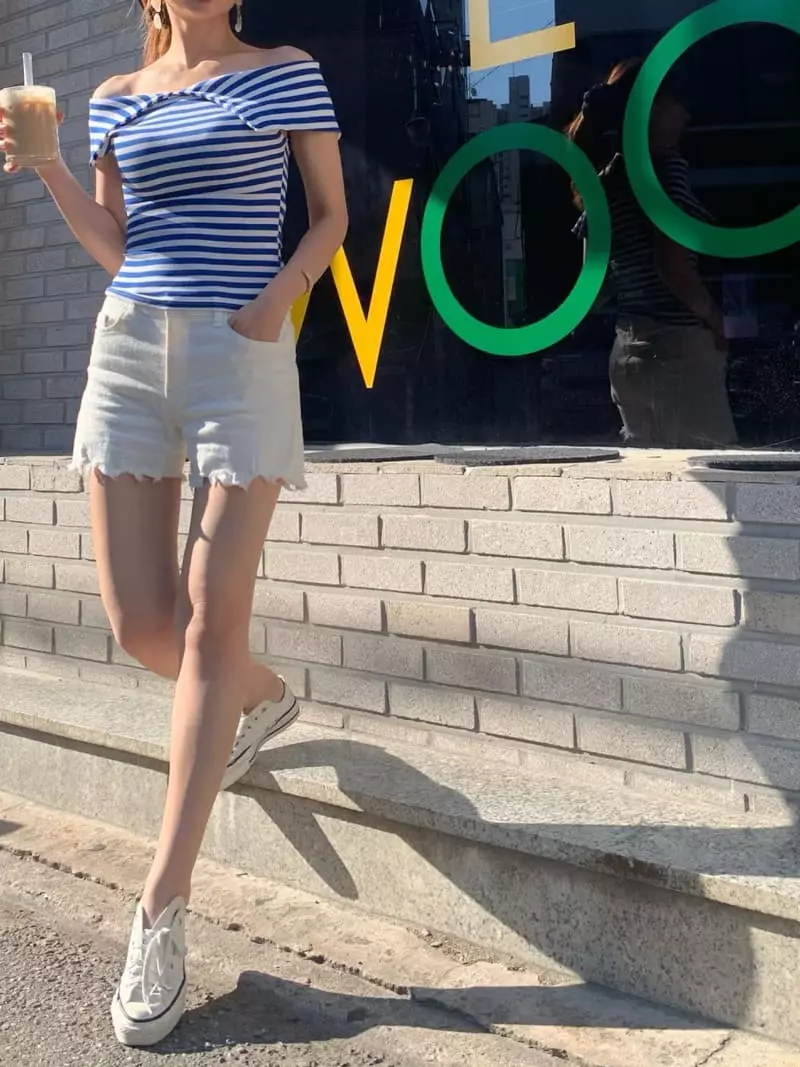 Vannuvo - Korean Women Fashion - #momslook - Stripes Soulder Tee - 10