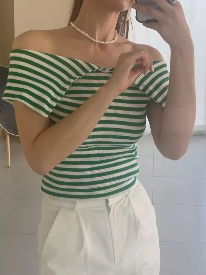 Vannuvo - Korean Women Fashion - #momslook - Stripes Soulder Tee - 12