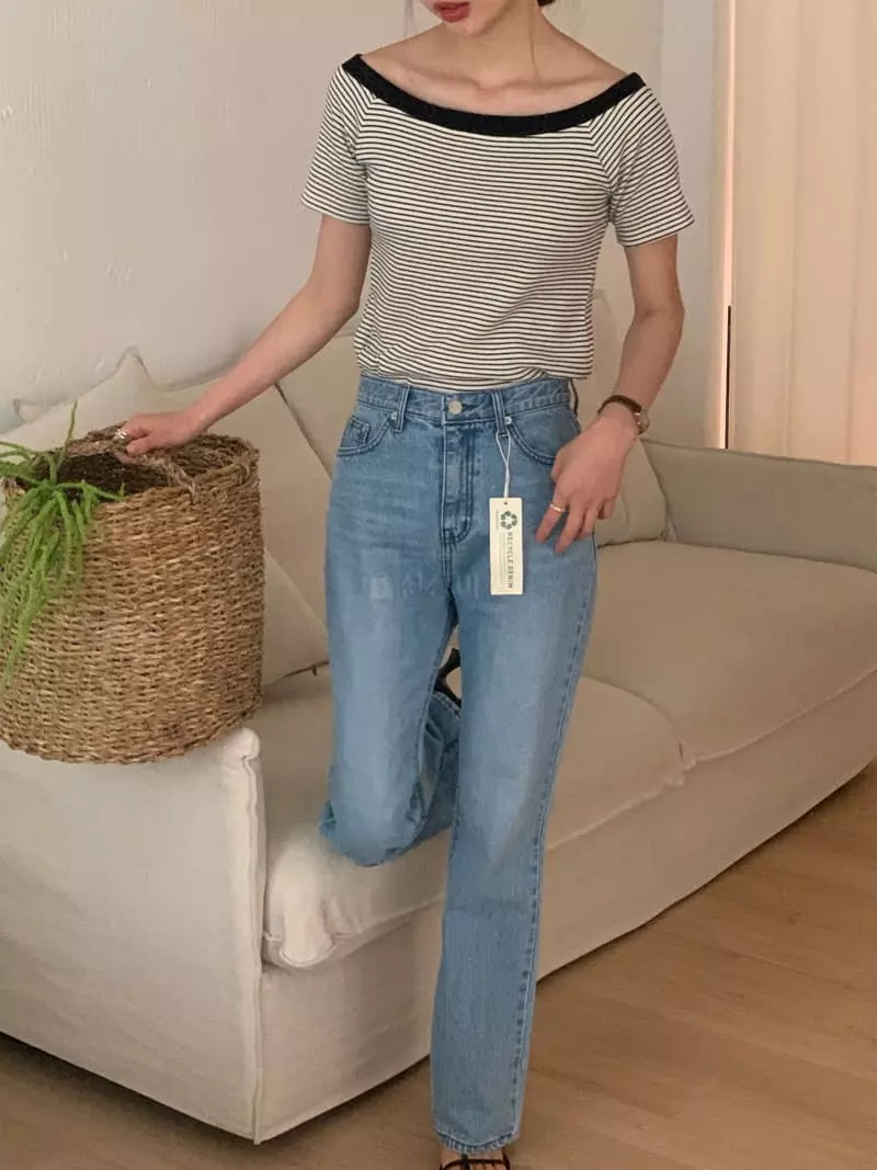 Vannuvo - Korean Women Fashion - #momslook - Stripes Off Shoulder Tee - 2
