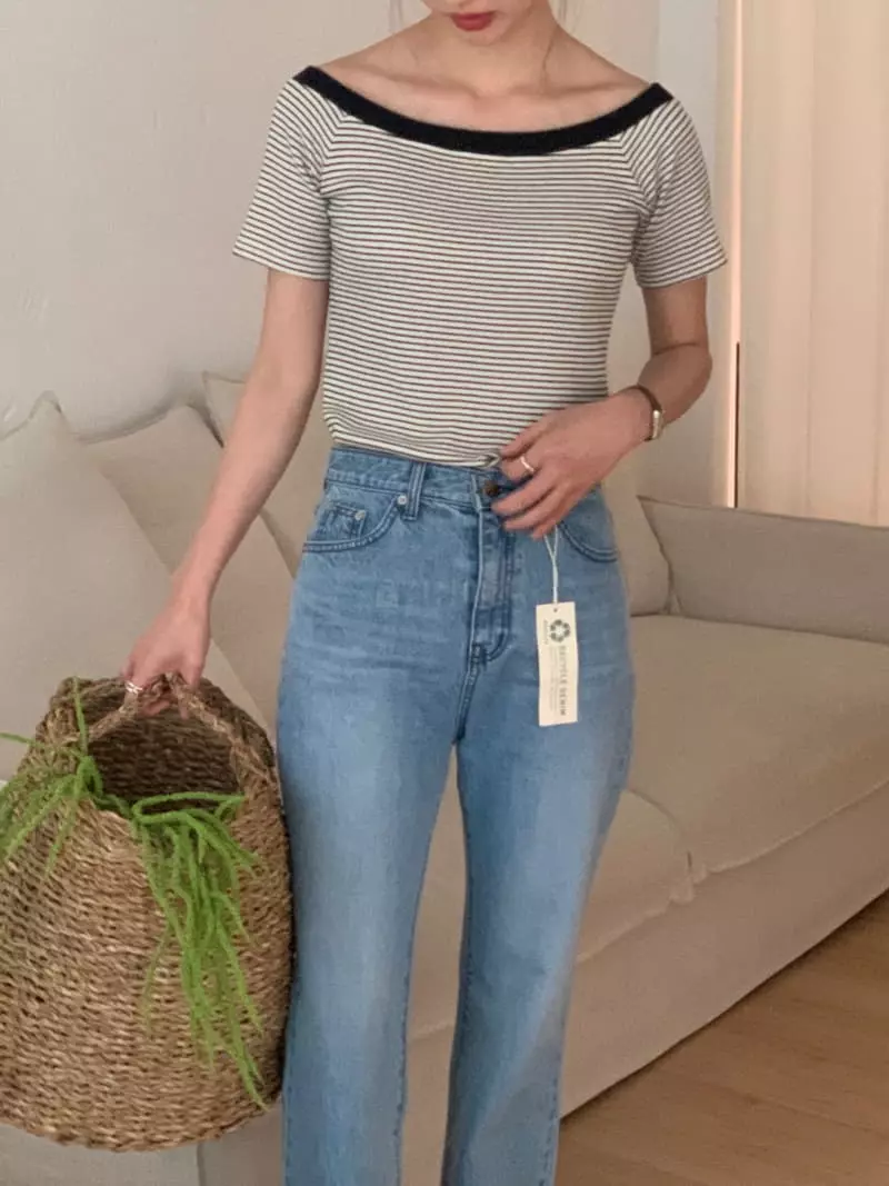 Vannuvo - Korean Women Fashion - #momslook - Stripes Off Shoulder Tee - 3