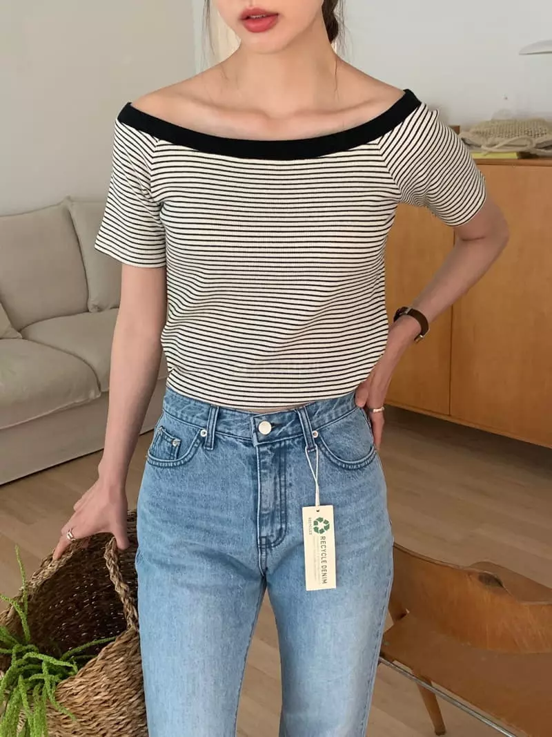 Vannuvo - Korean Women Fashion - #pursuepretty - Stripes Off Shoulder Tee - 8