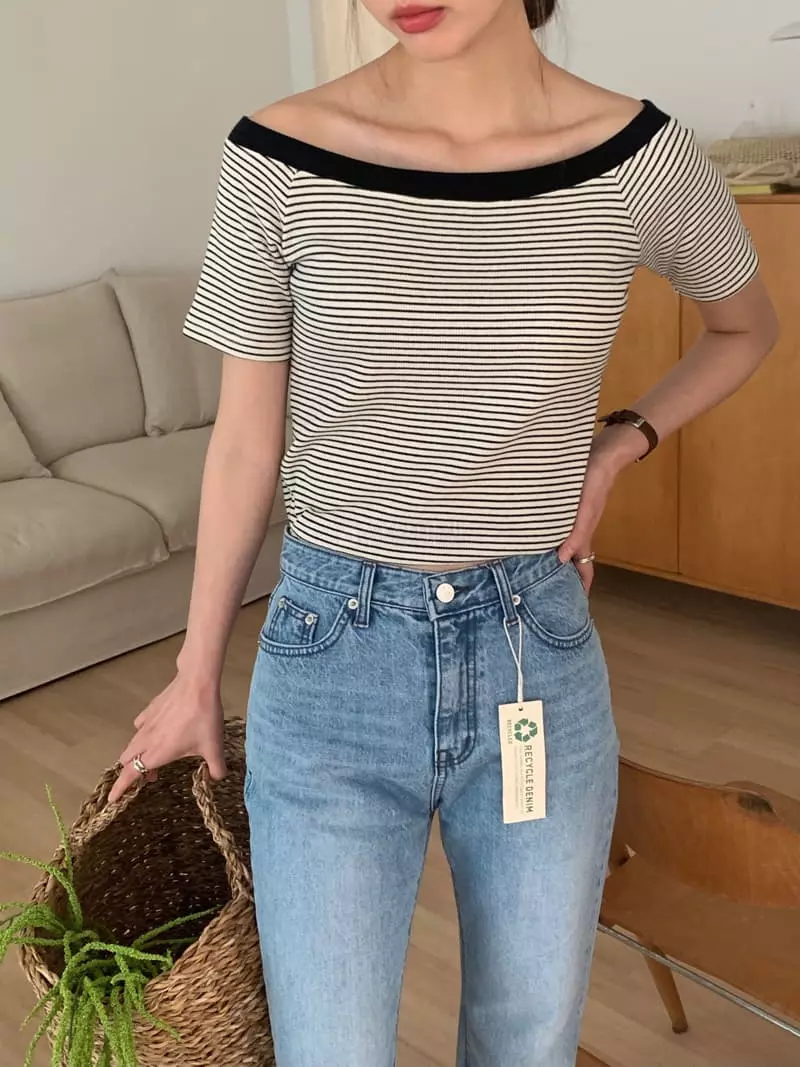 Vannuvo - Korean Women Fashion - #restrostyle - Stripes Off Shoulder Tee - 9