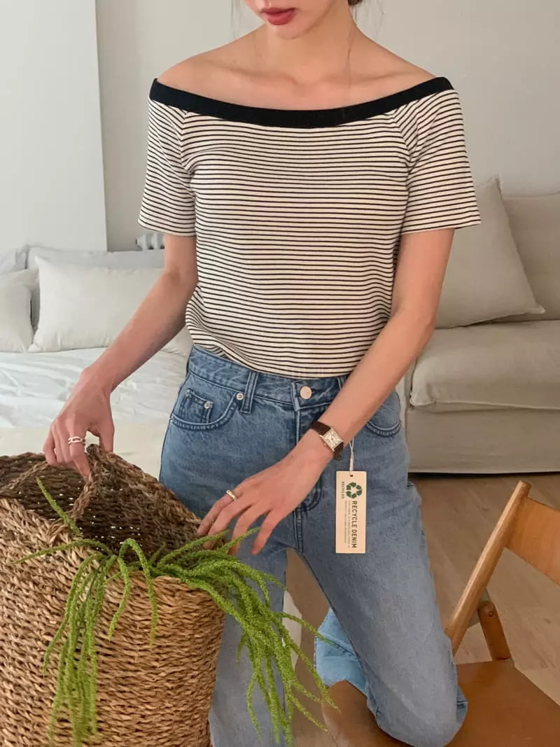 Vannuvo - Korean Women Fashion - #romanticstyle - Stripes Off Shoulder Tee - 10
