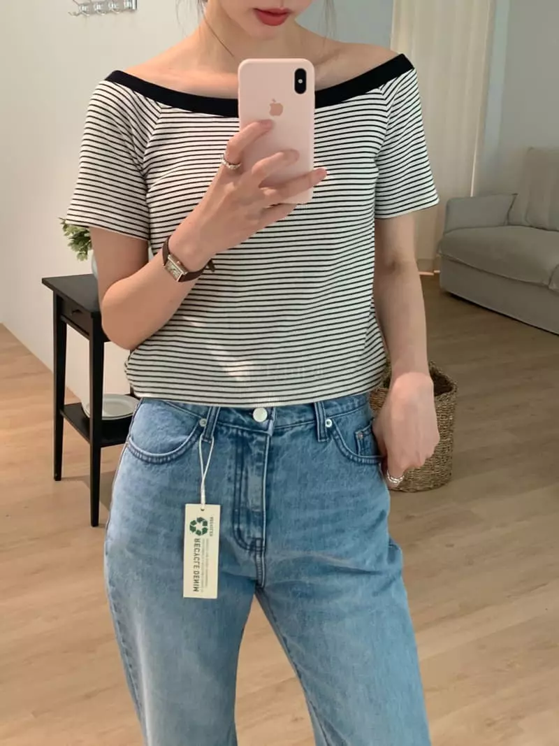 Vannuvo - Korean Women Fashion - #thatsdarling - Stripes Off Shoulder Tee - 12