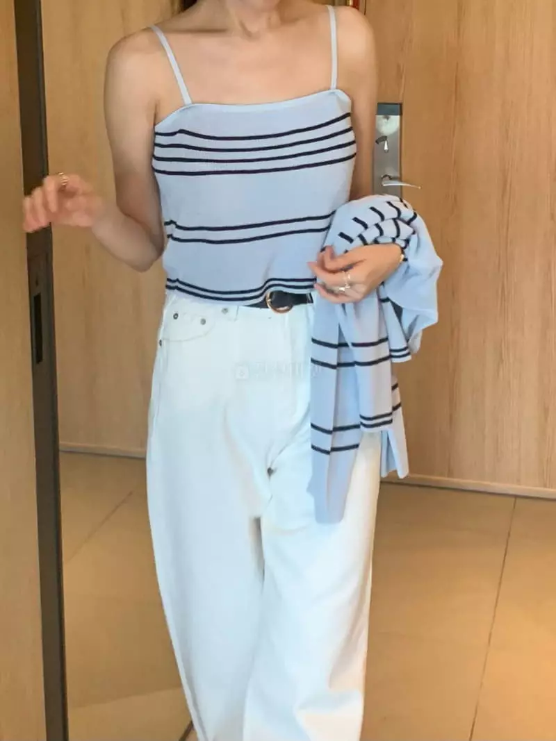 Vannuvo - Korean Women Fashion - #vintageinspired - Linen Stripes Sleeveless Top Bottom Set - 9