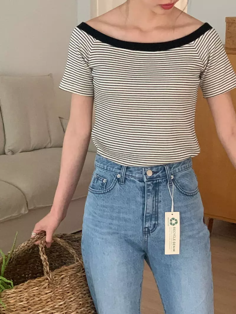 Vannuvo - Korean Women Fashion - #womensfashion - Stripes Off Shoulder Tee - 5