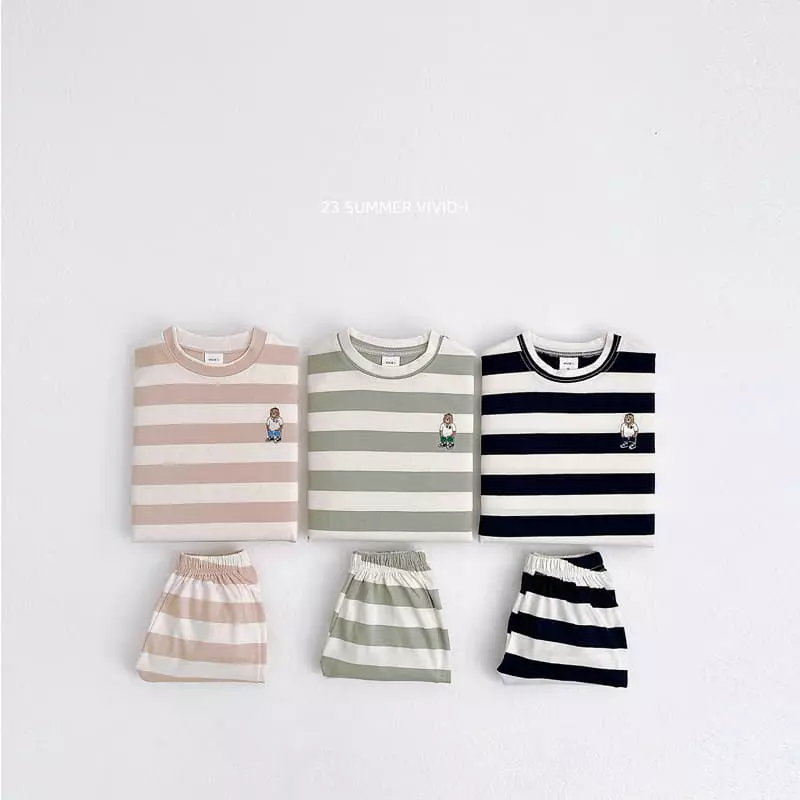 Vivid I - Korean Children Fashion - #toddlerclothing - Bear Stripes Top Bottom Set