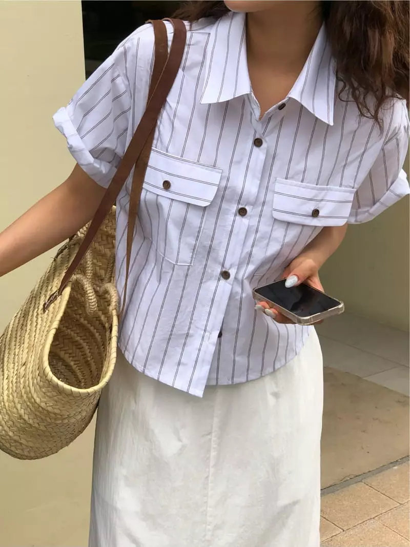 A Want - Korean Women Fashion - #momslook - Stripes Crop Shirt - 3