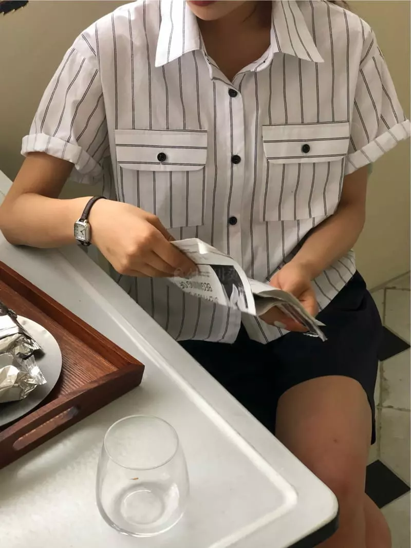 A Want - Korean Women Fashion - #momslook - Stripes Crop Shirt - 9