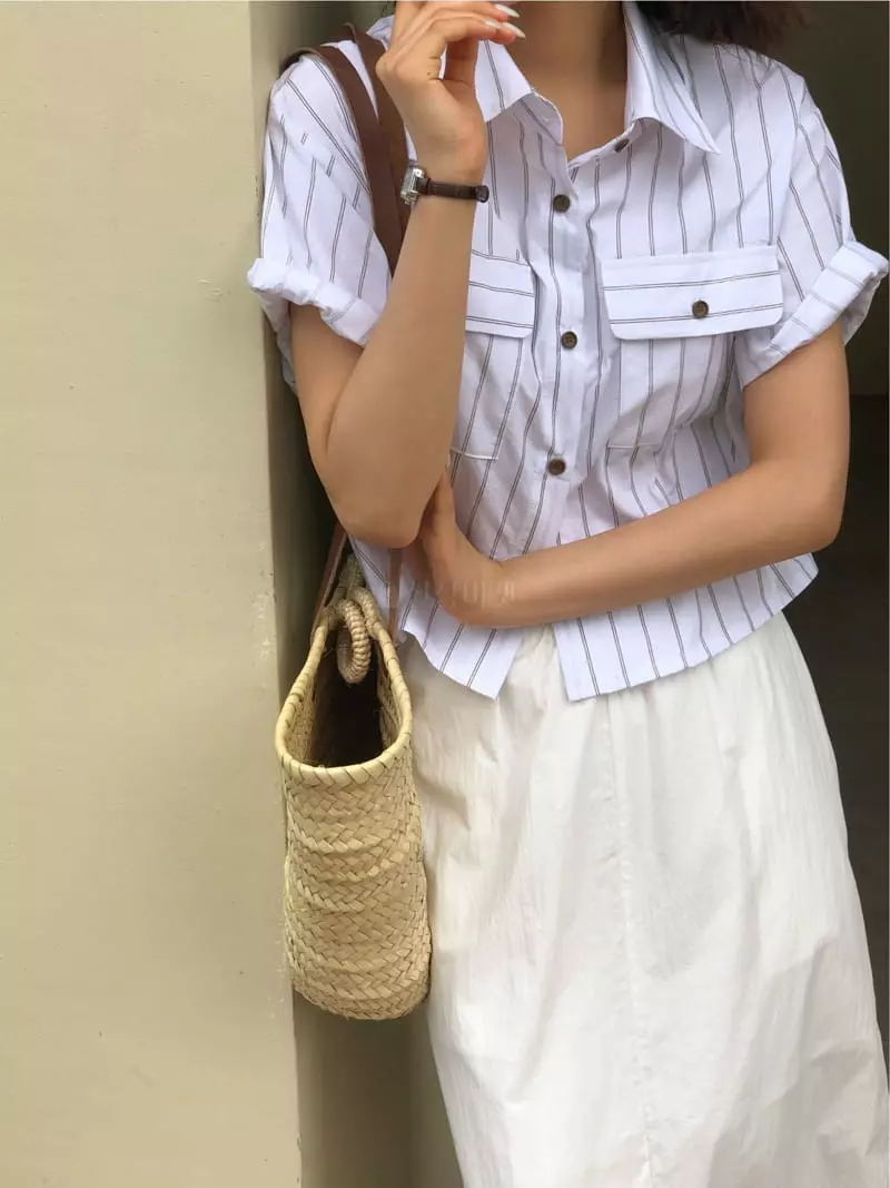 A Want - Korean Women Fashion - #womensfashion - Stripes Crop Shirt - 2