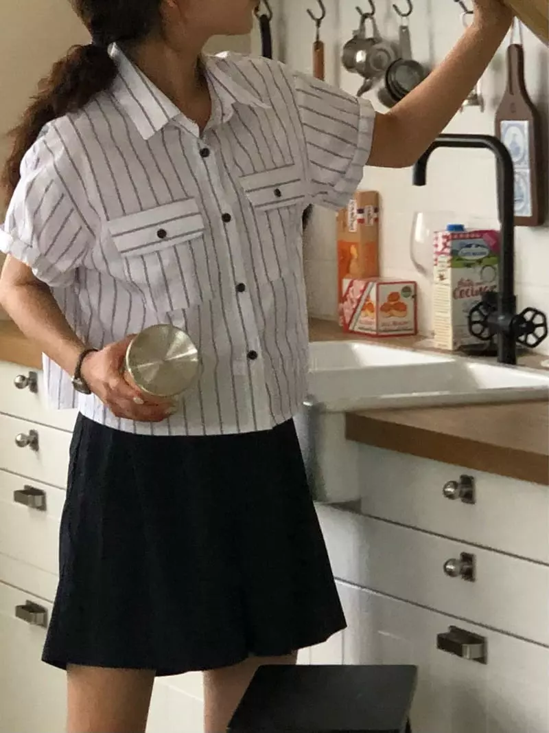 A Want - Korean Women Fashion - #womensfashion - Stripes Crop Shirt - 8