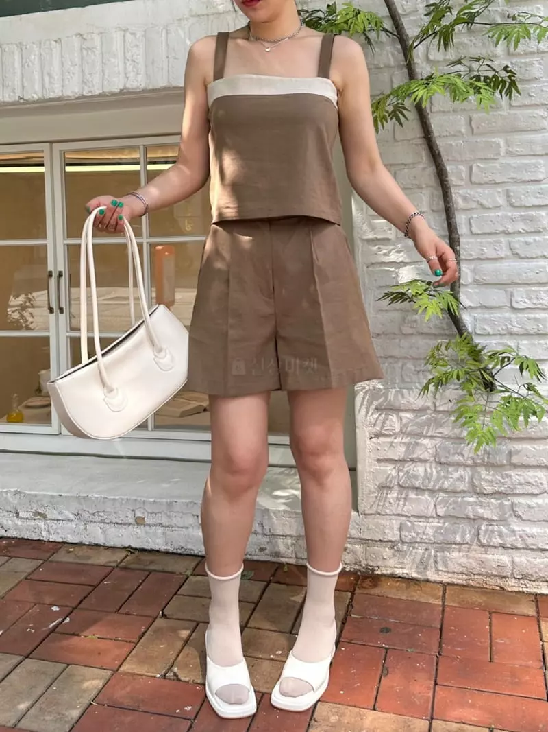 Amon - Korean Women Fashion - #momslook - Linen Color Top Bottom Set - 2