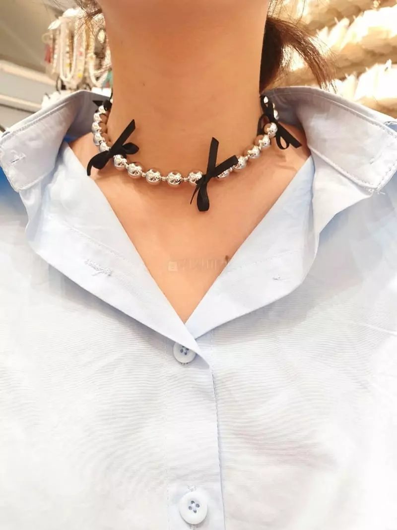 Cabinet - Korean Women Fashion - #momslook - Silver Black Ribbon Ball Necklace - 5