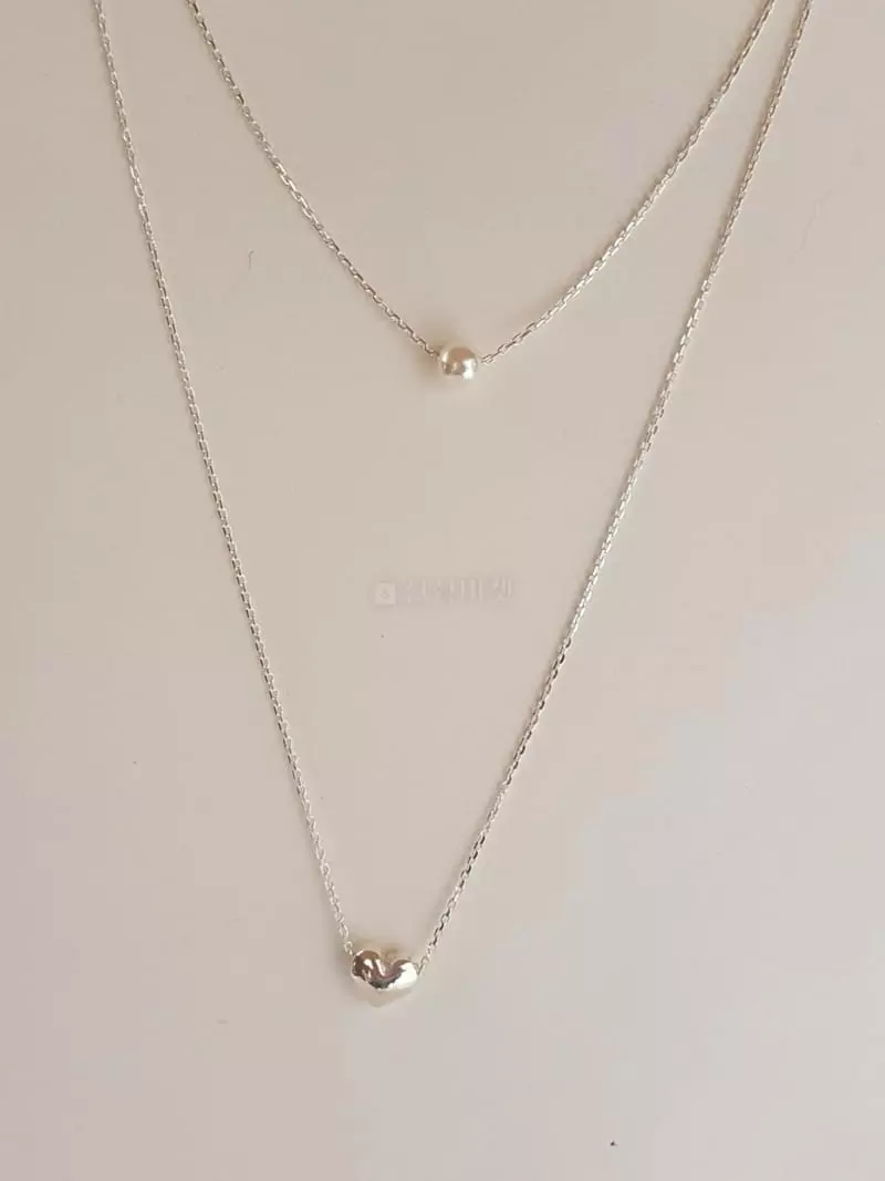 Cabinet - Korean Women Fashion - #pursuepretty - Silver (Silver) Two Stripes Heart  Pearl Necklace