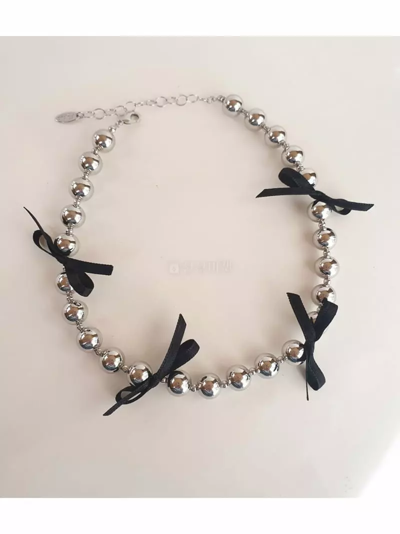 Cabinet - Korean Women Fashion - #womensfashion - Silver Black Ribbon Ball Necklace - 2