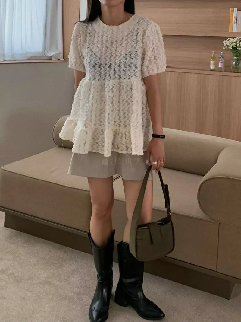 Camel - Korean Women Fashion - #momslook - Flower Frill Blouse - 5