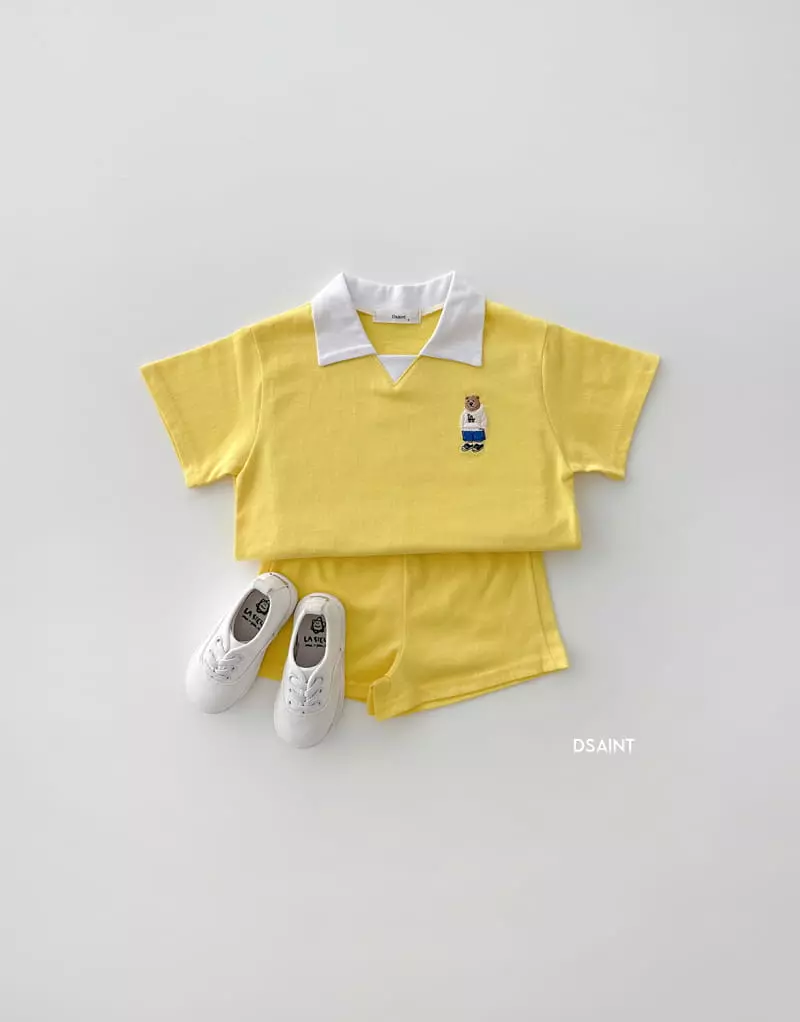 Dsaint - Korean Children Fashion - #littlefashionista - Triangel Collar Bear Top Bottom Set - 3
