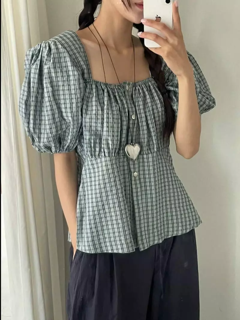 Elfin - Korean Women Fashion - #momslook - Check Ludi Blouse - 2