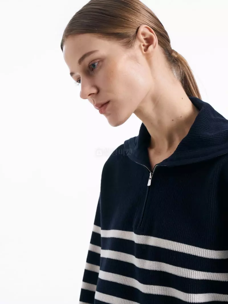 Lamerei - Korean Women Fashion - #momslook - Half Zip-up Stripes Knit Tee - 3