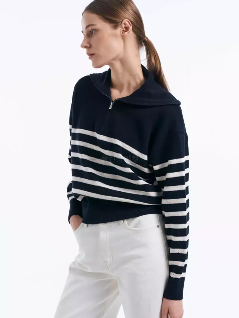 Lamerei - Korean Women Fashion - #thatsdarling - Half Zip-up Stripes Knit Tee
