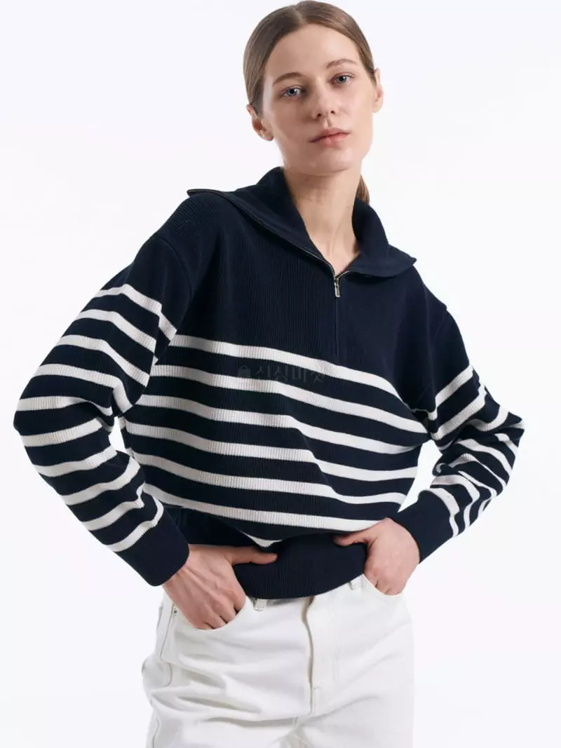 Lamerei - Korean Women Fashion - #thelittlethings - Half Zip-up Stripes Knit Tee - 2