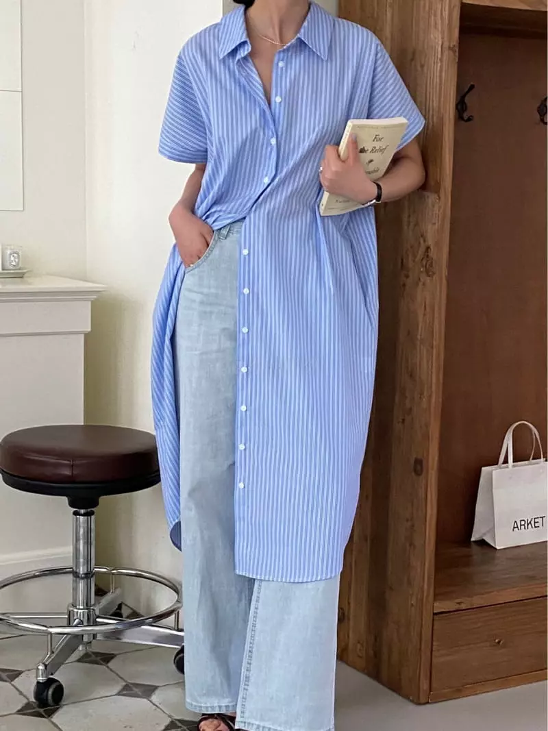 Lewin - Korean Women Fashion - #womensfashion - Stripes Shirt One-piece - 3