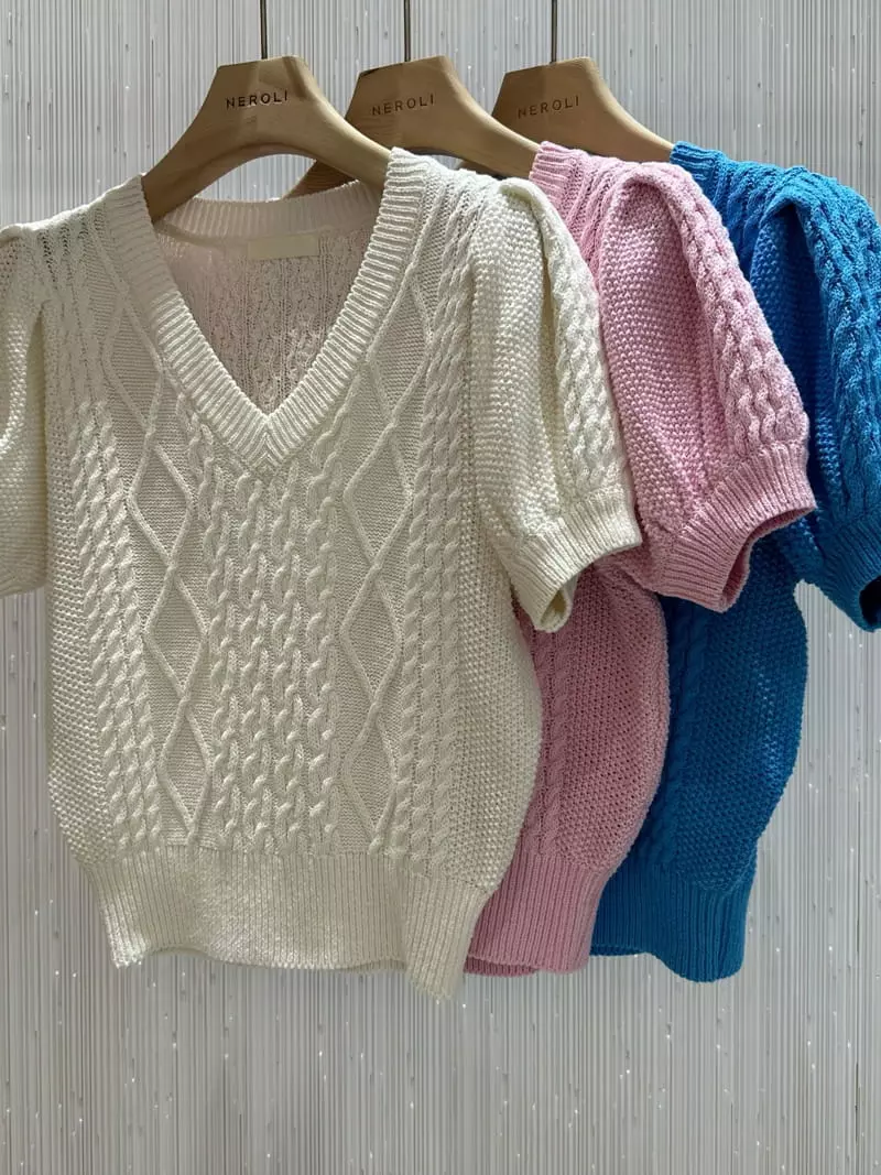 Neroli36 - Korean Women Fashion - #momslook - Twist V Knit Tee - 7