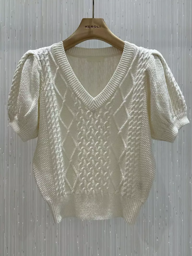 Neroli36 - Korean Women Fashion - #womensfashion - Twist V Knit Tee - 8