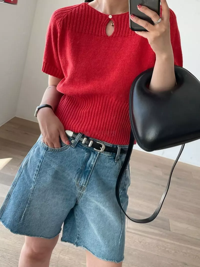 Oli Seoul - Korean Women Fashion - #momslook - Red Anna Slit Knit Tee - 11