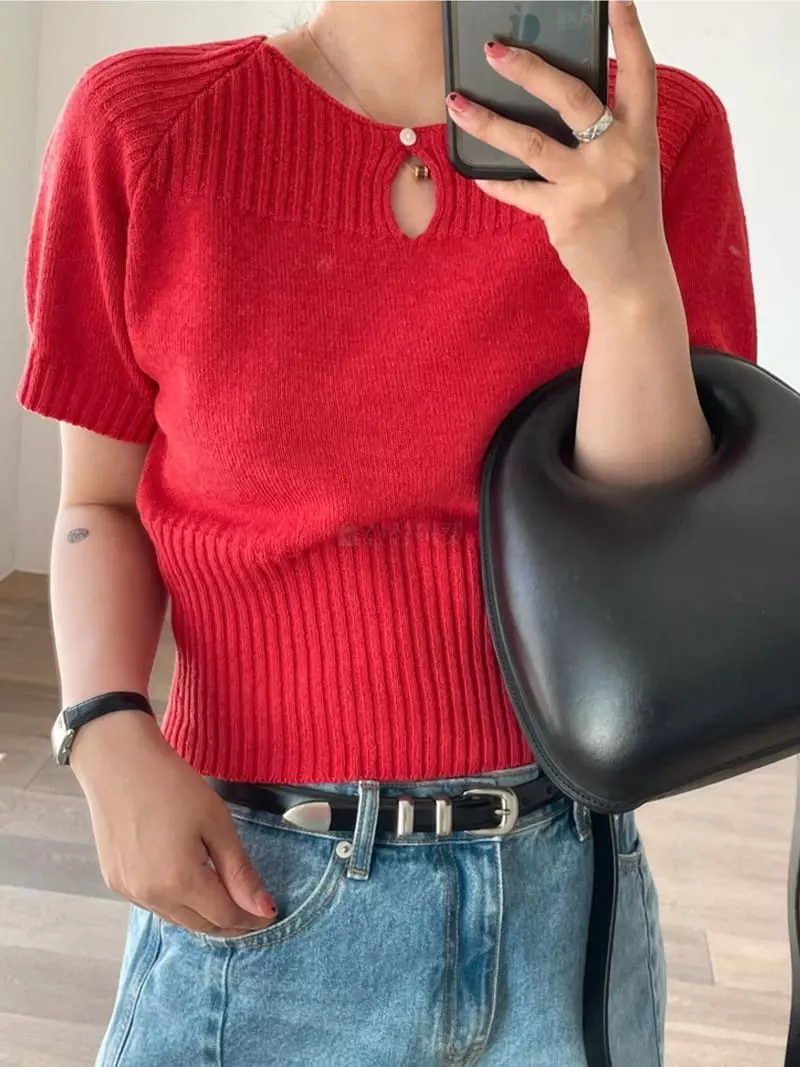 Oli Seoul - Korean Women Fashion - #womensfashion - Red Anna Slit Knit Tee - 10