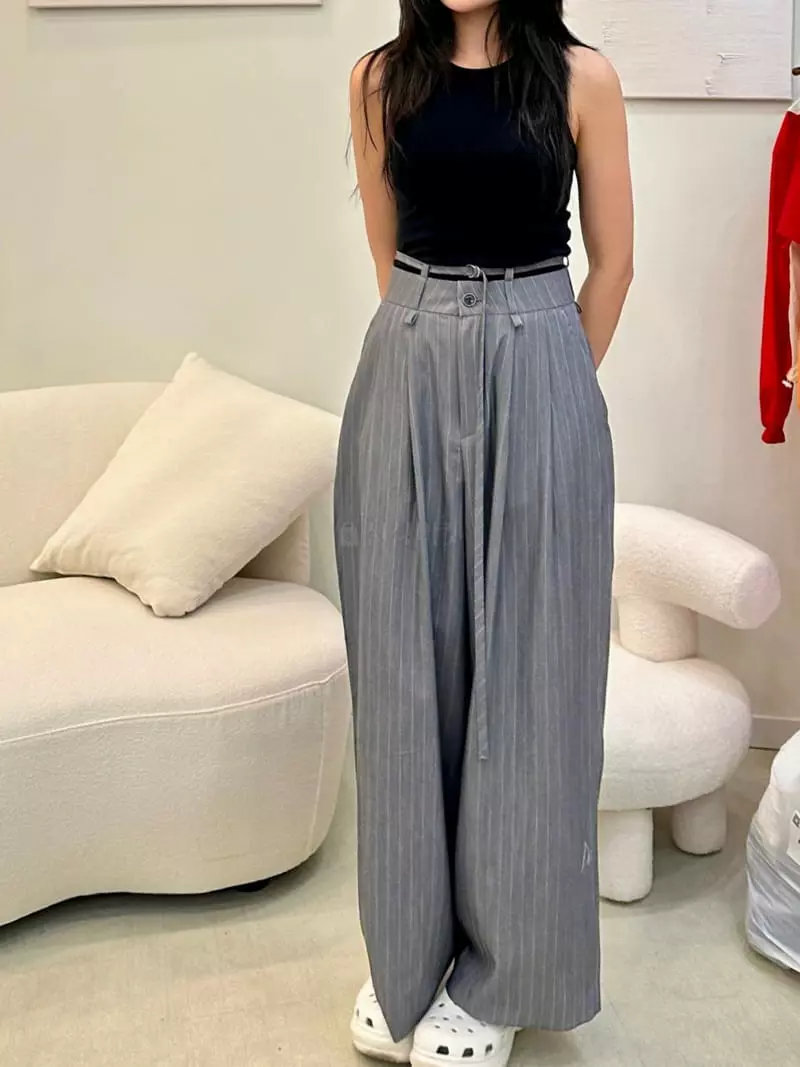 Pablored - Korean Women Fashion - #vintageinspired - Belted Stripes Pants - 4