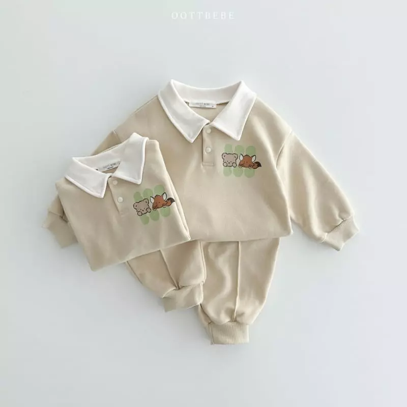 Oott Bebe - Korean Children Fashion - #littlefashionista - Bbu Bbu Collar Top Bottom Set - 3