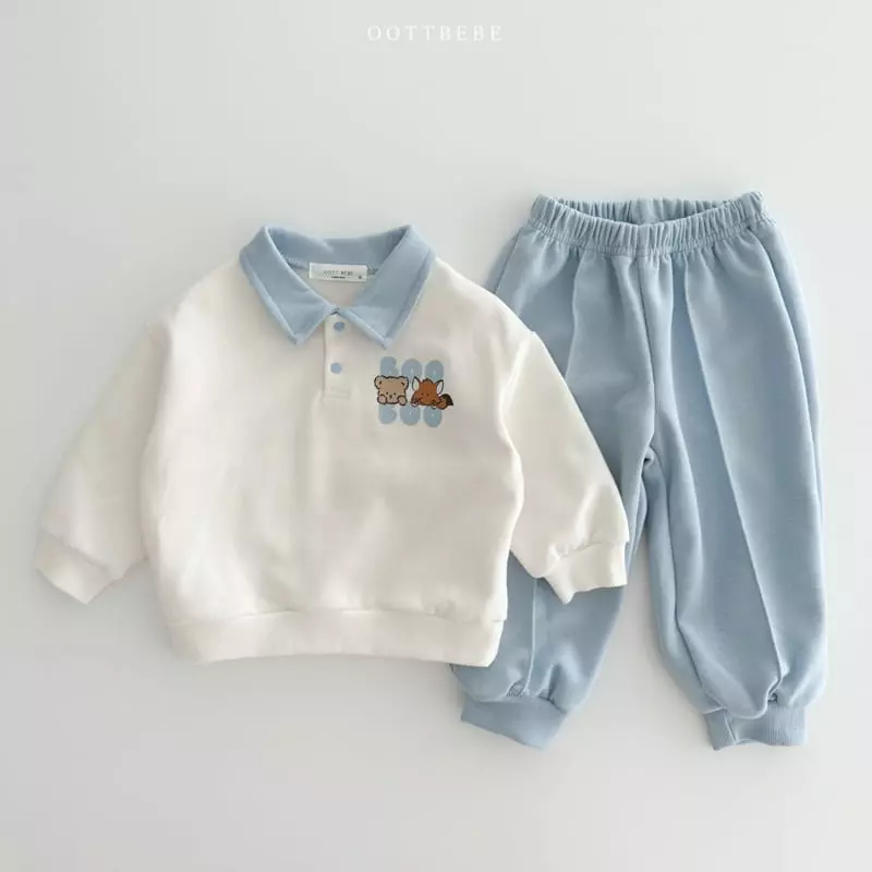 Oott Bebe - Korean Children Fashion - #littlefashionista - Bbu Bbu Collar Top Bottom Set - 4