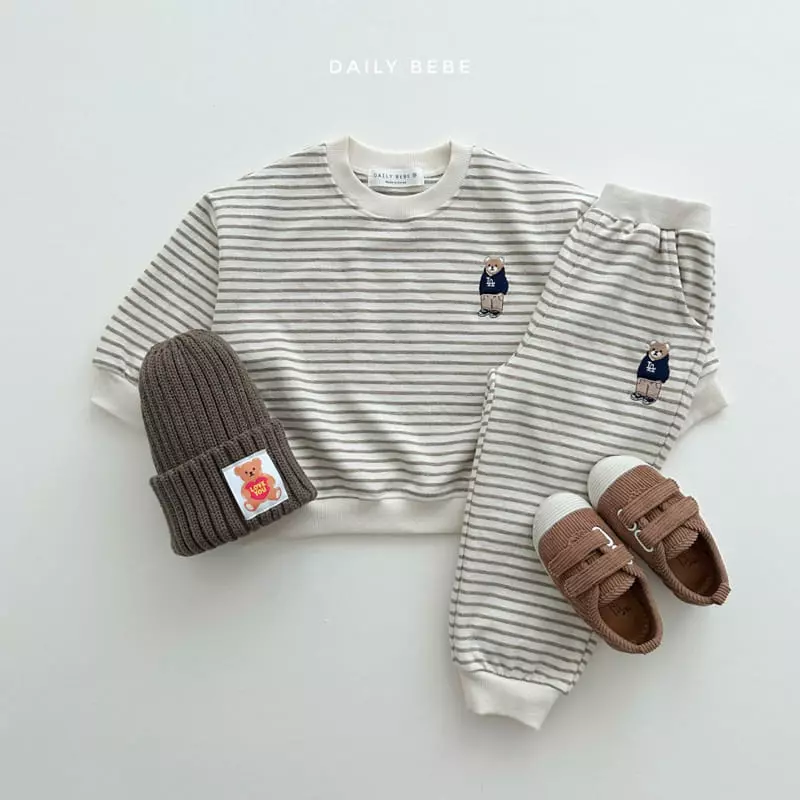 Daily Bebe - Korean Children Fashion - #Kfashion4kids - Bear Embrodiery Stripes Top Bottom Set