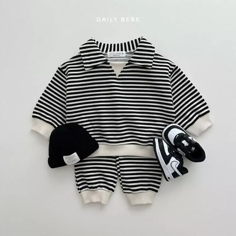 Daily Bebe - Korean Children Fashion - #Kfashion4kids - Stripes Collar Top Bottom Set - 4