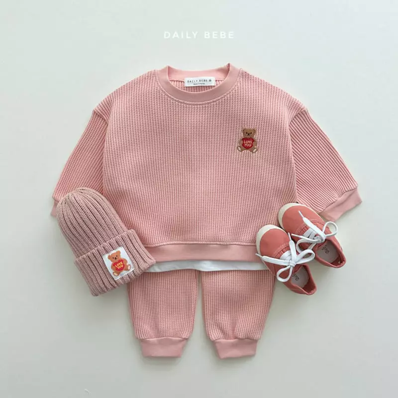 Daily Bebe - Korean Children Fashion - #minifashionista - Heart bear Waffle Top Bottom Set - 2