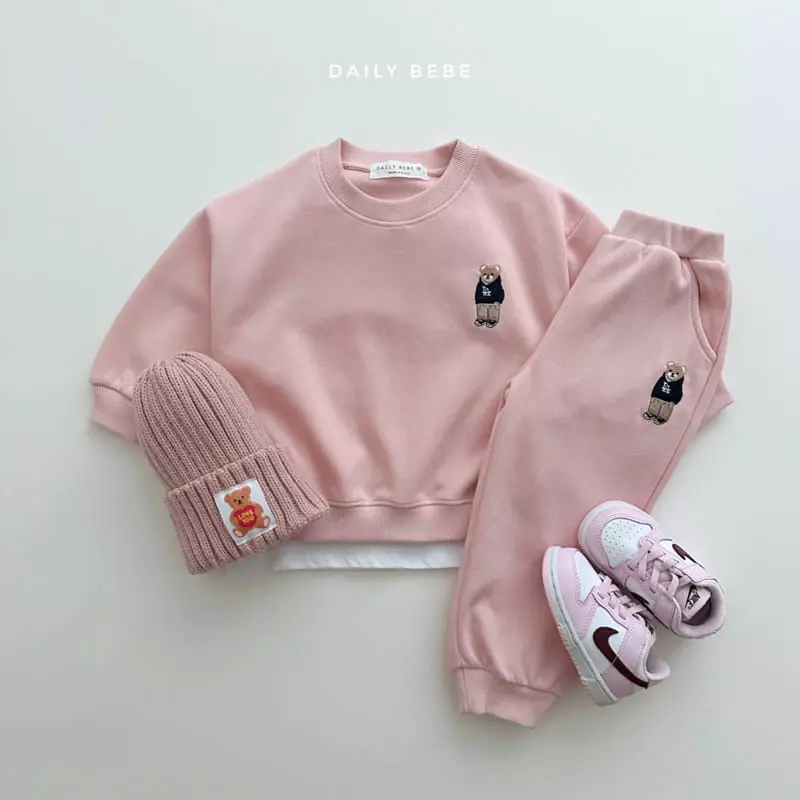 Daily Bebe - Korean Children Fashion - #minifashionista - Bear Embrodiery Top Bottom Set - 3