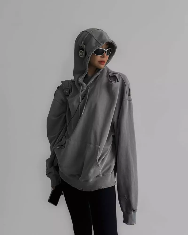 Paper Moon - Korean Women Fashion - #momslook - oversized pigment cutted detail hoodie