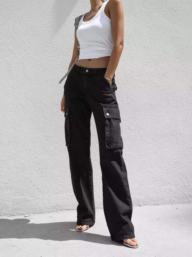 Paper Moon - Korean Women Fashion - #pursuepretty - washed black denim low - rise pocket cargo jeans - 2