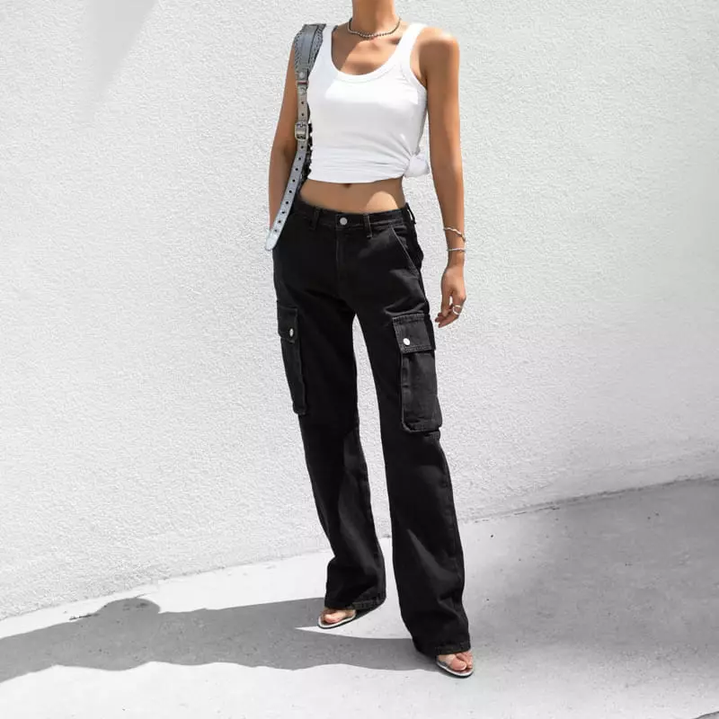 Paper Moon - Korean Women Fashion - #restrostyle - washed black denim low - rise pocket cargo jeans - 3