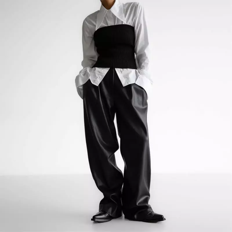 Paper Moon - Korean Women Fashion - #vintagekidsstyle - leather low waisted double pleats wide trousers - 3
