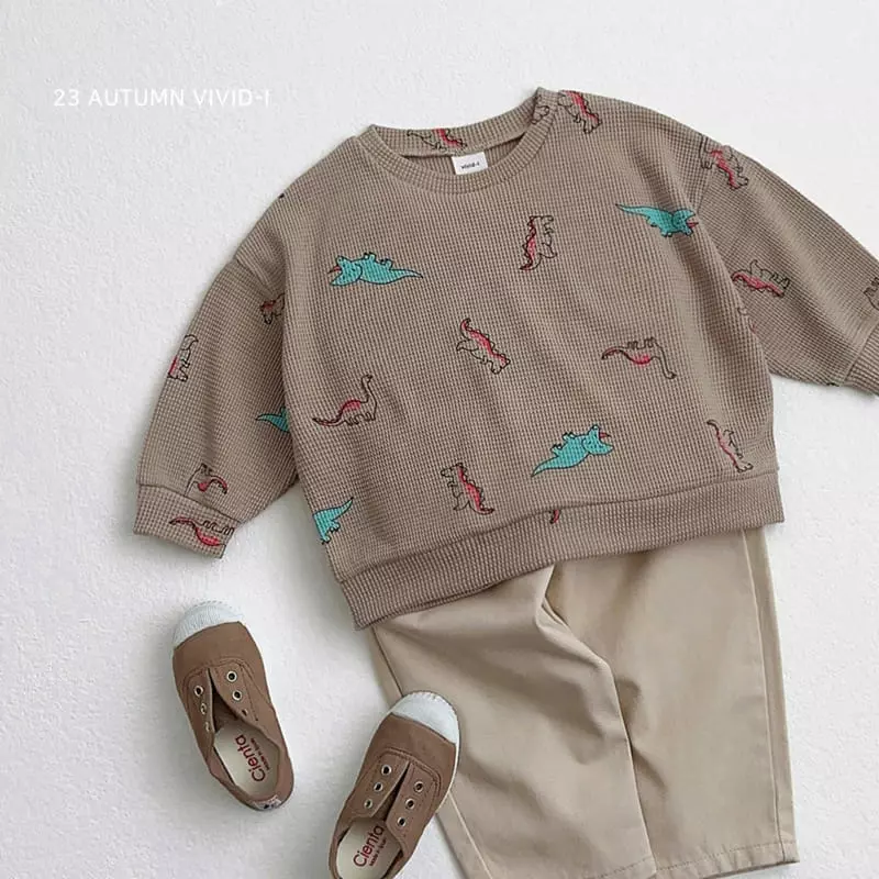 Vivid I - Korean Children Fashion - #Kfashion4kids - Dino Waffle Top Bottom Set - 12