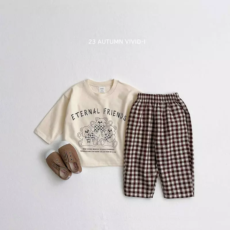 Vivid I - Korean Children Fashion - #childofig - Check Bear Top Bottom Set - 5