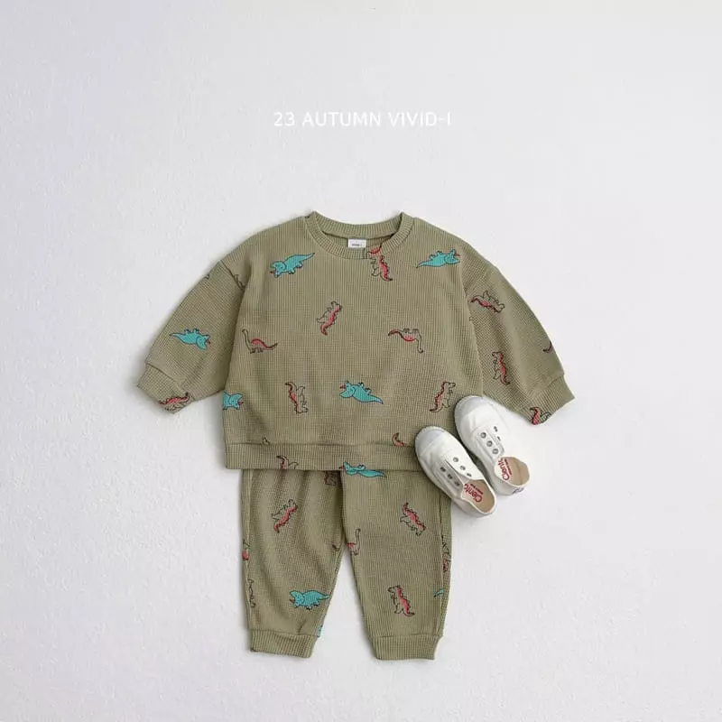 Vivid I - Korean Children Fashion - #stylishchildhood - Dino Waffle Top Bottom Set - 4