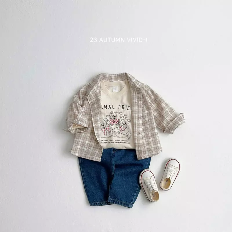 Vivid I - Korean Children Fashion - #fashionkids - Check Bear Top Bottom Set - 9