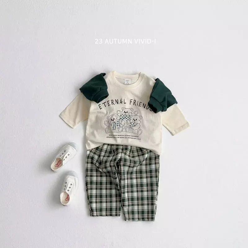 Vivid I - Korean Children Fashion - #kidsshorts - Check Bear Top Bottom Set - 10