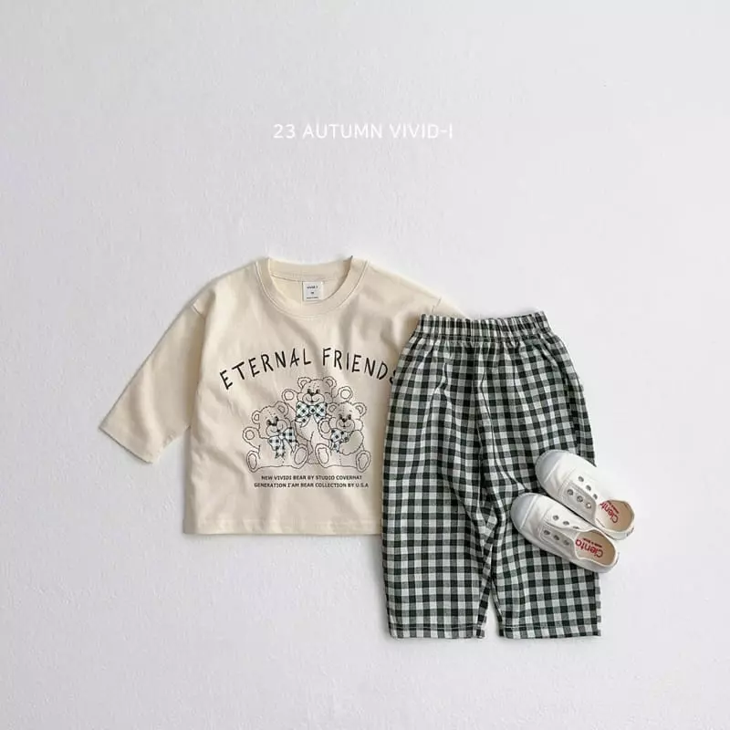 Vivid I - Korean Children Fashion - #toddlerclothing - Check Bear Top Bottom Set - 4