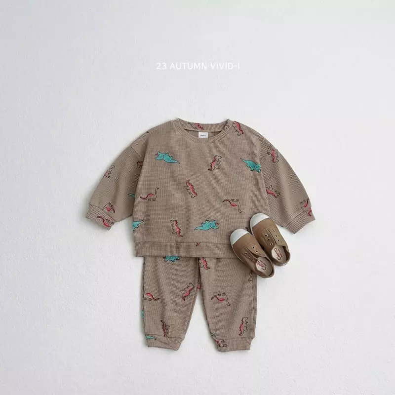 Vivid I - Korean Children Fashion - #stylishchildhood - Dino Waffle Top Bottom Set - 3